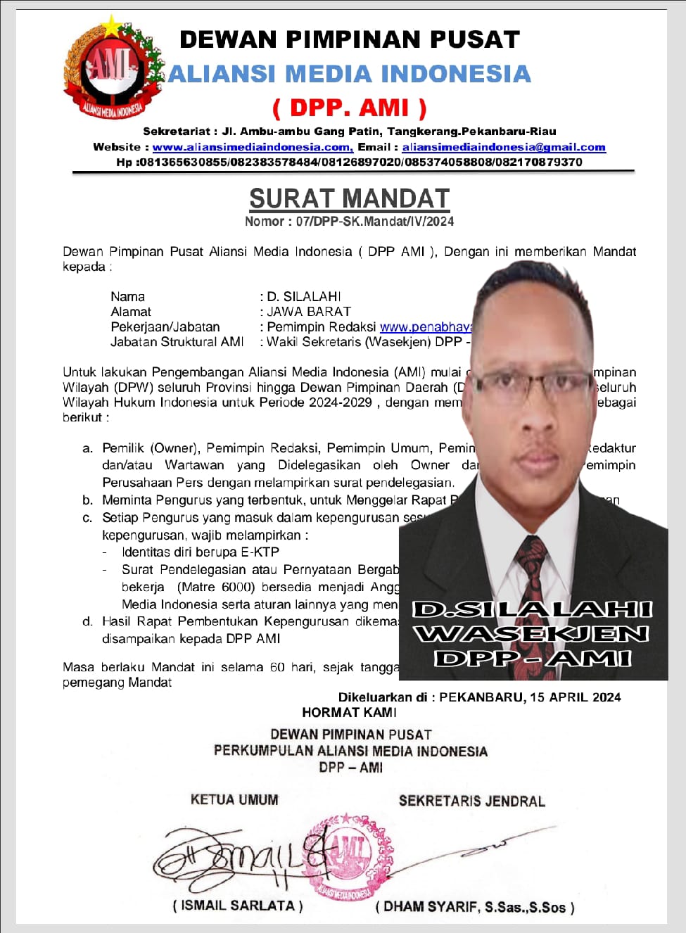 DPP AMI Siap Mengembangkan Sayapnya di Seluruh Nusantara, Melalui Mandat yang Diberikan Kepada D.Silalahi Selaku Wasekjen